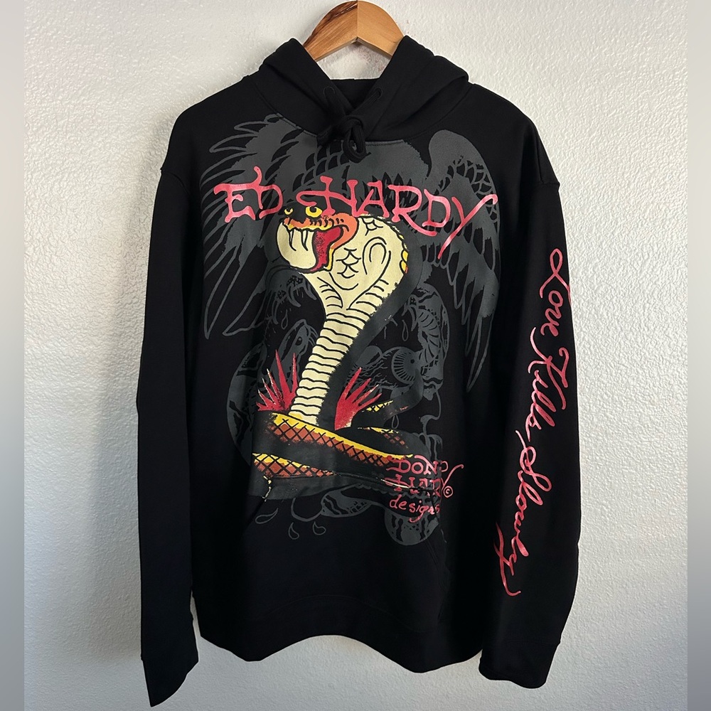 Ed Hardy Cobra Snake Love Kills Slowly Pullover Hoodie Y2K Style Men Size Large